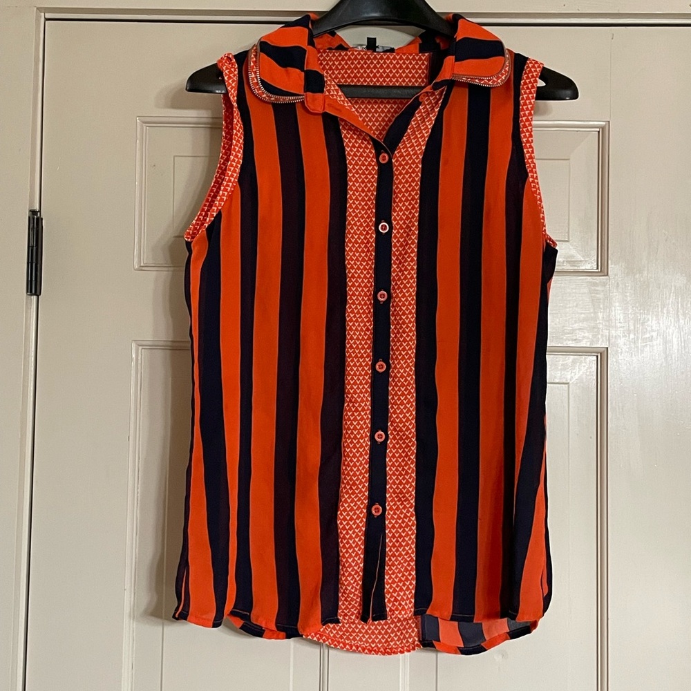 Orange & Navy Blue Striped Button Down
